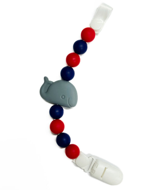 Schnullerkette aus Silikon mit Clip, Walfisch rot/blau - Bodesuuri